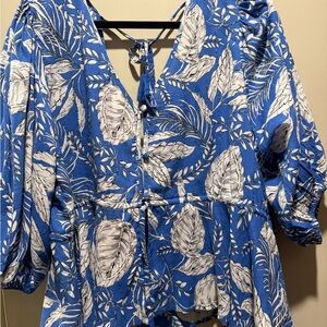 Chic Blue Leaf Print Women's Blouse
